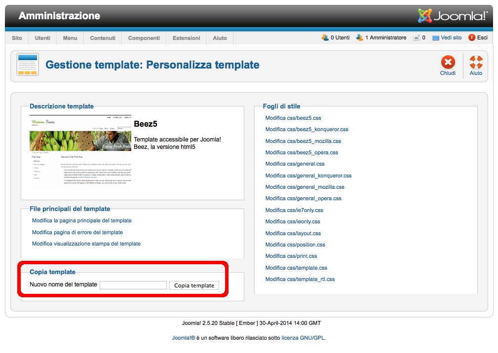Joomla gestione template, personalizza template, copia template