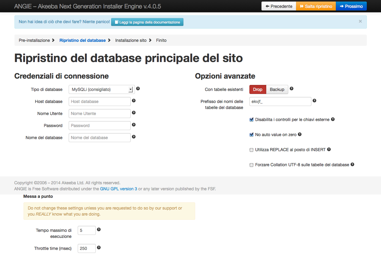 Akeeba Kickstart riprisitino database