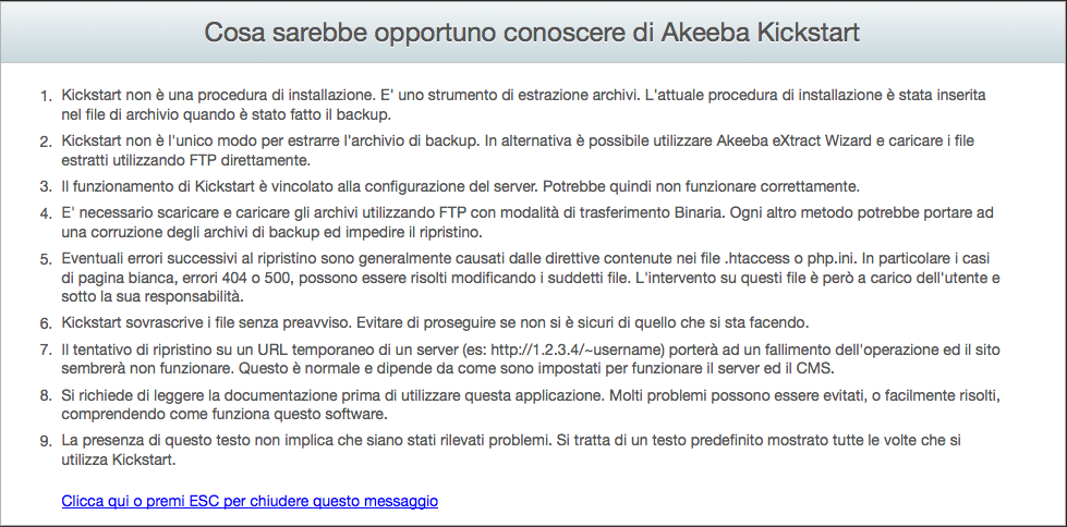 Akeeba Kickstart messaggio avviso prima del ripristino