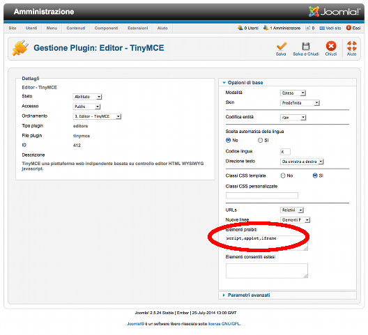 impostazione joomla filtro testo edito TinyMCE elementi proibiti